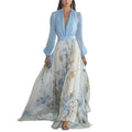 european and american style women's  independent store digital print long sleeve v-neck patchwork maxi dress