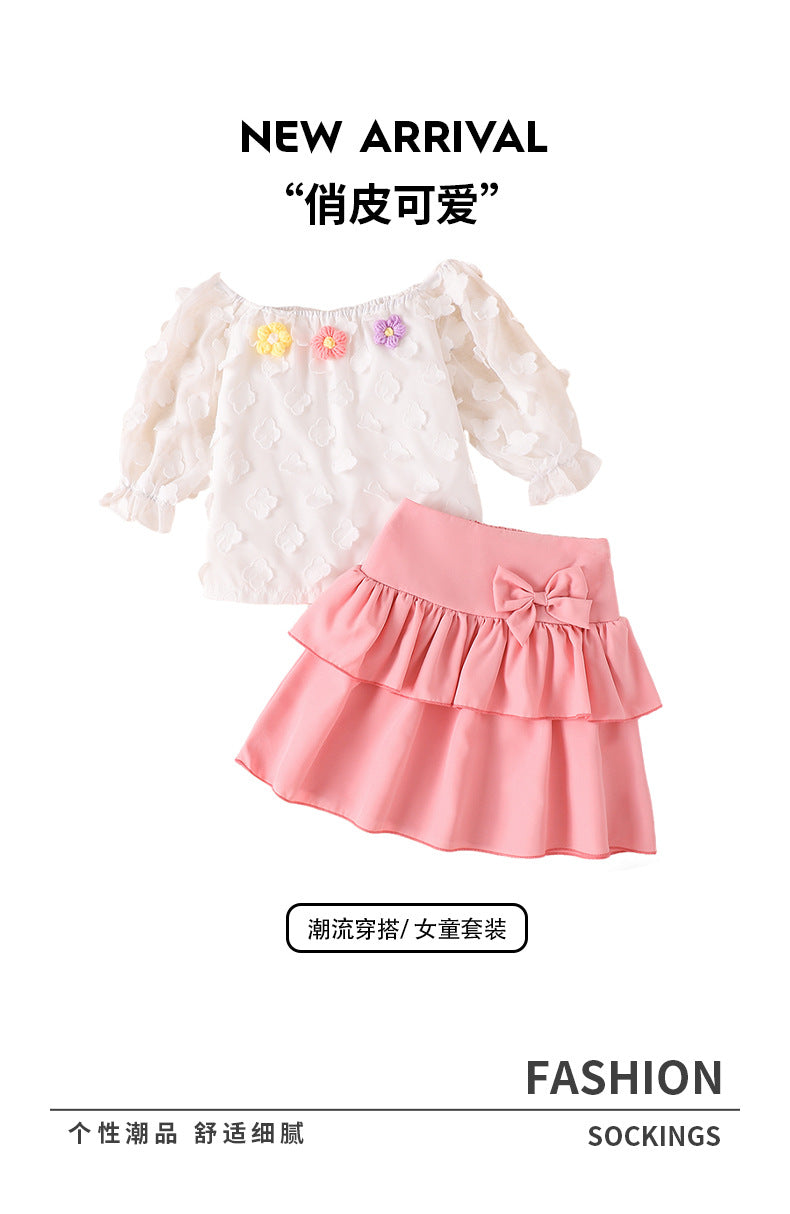 girls' two-piece set: white tulle top with floral appliqué and pink tiered skirt - autumn outfit for kids