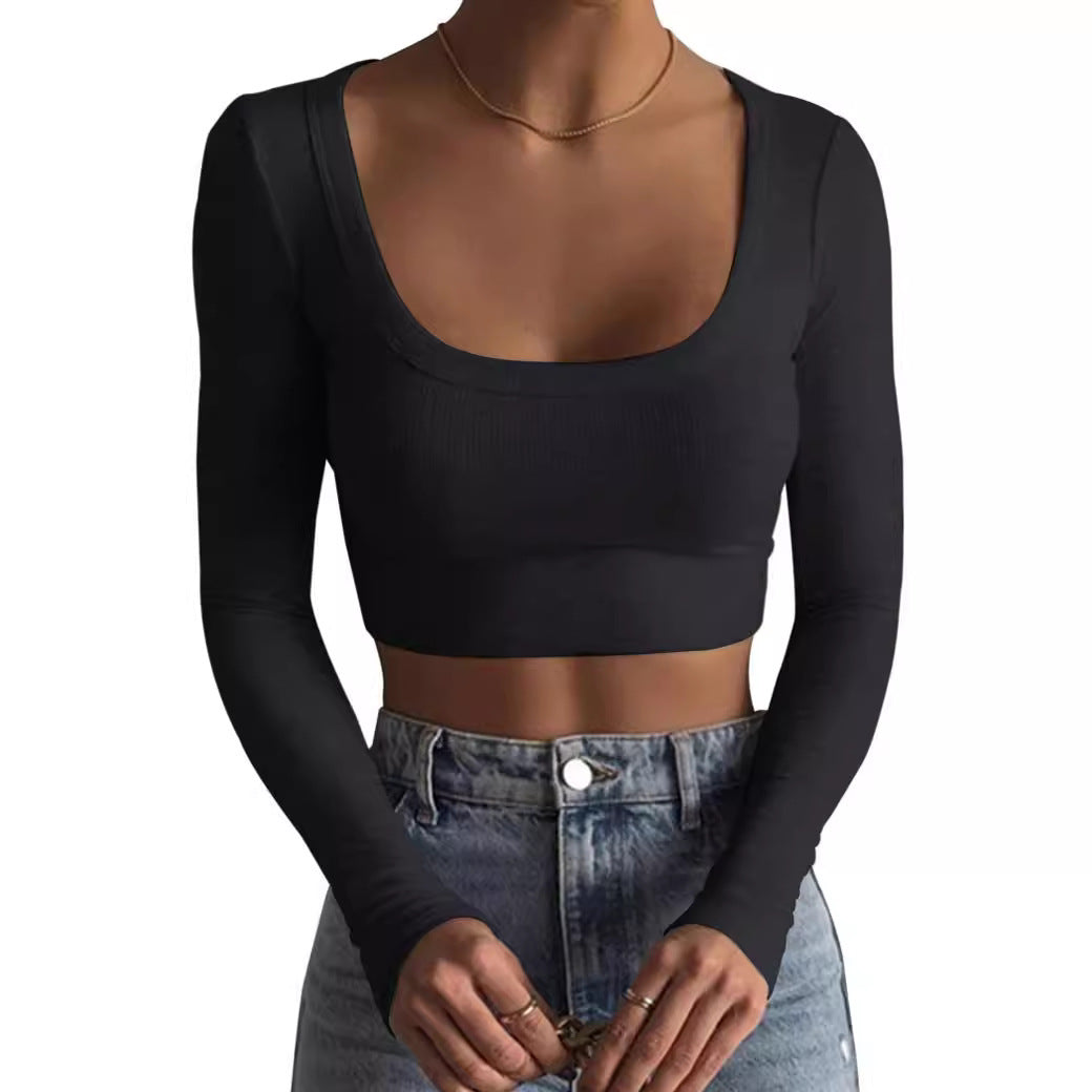 2024 new product  Europe and America, large round neck long sleeve threaded pure cotton ultra-short slim and thin T-shirt with exposed navel base.