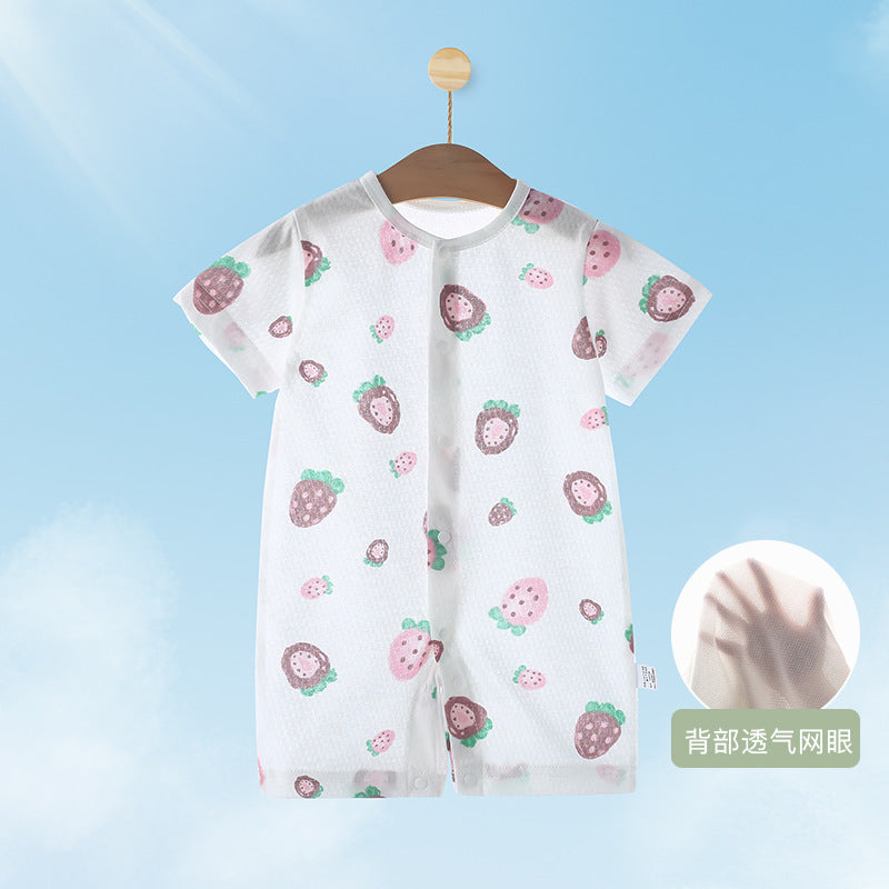 Baby short-sleeve snap-crotch romper, infant home air conditioning suit, breathable mesh crawling jumpsuit for 0-2 year olds