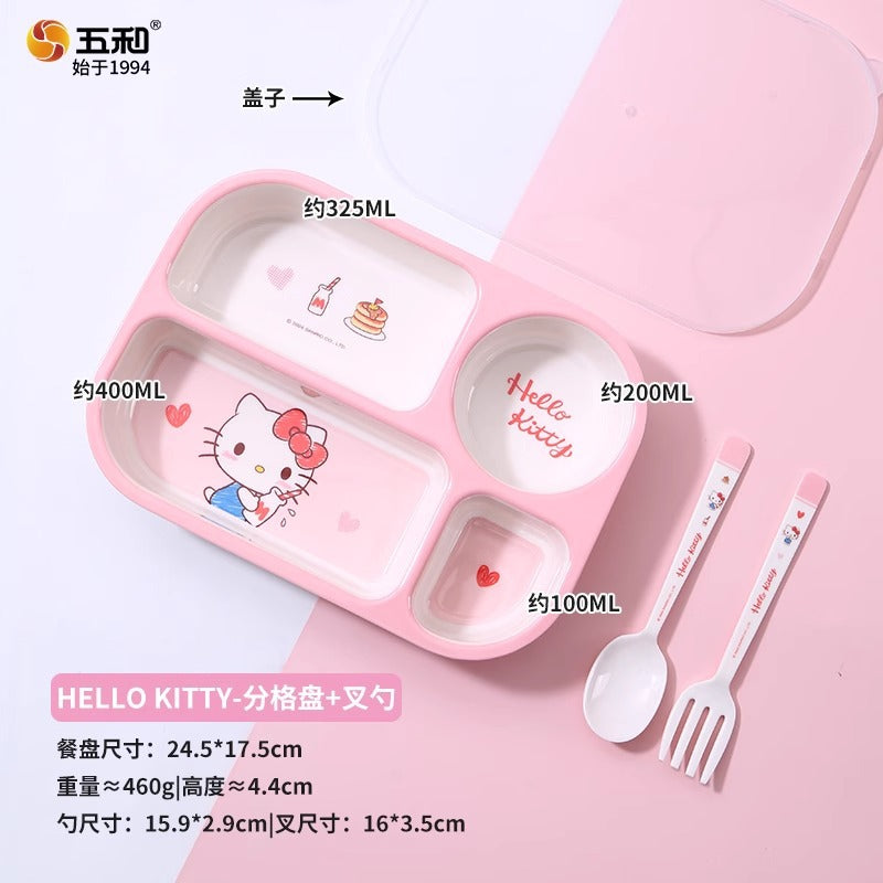 Bento bowl grid plate household eating plate primary school student lunch box tableware children's lunch box with sealing lid with fork and spoon