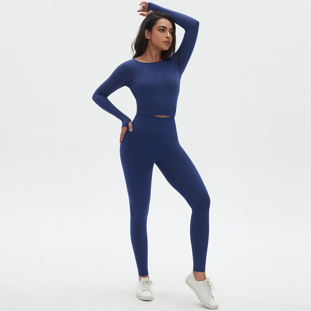 fashion seamless knittingpure color tight high elastic yoga suit sports running fitness suit two-piece set for women
