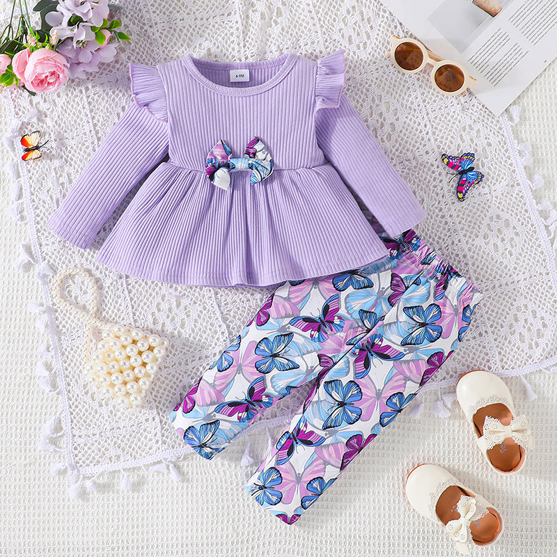 spring/autumn baby girl long-sleeve top & pants two-piece set - casual infant printed pants outfit