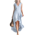 european and american cross-border  new fashion romantic sleeveless v-neck ruffle hem cotton linen maxi dress