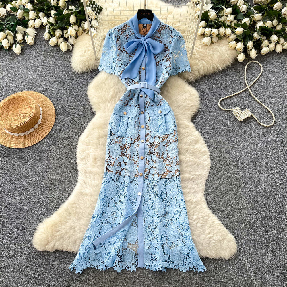 Frenchaccessible luxury heavy industry short sleeve lacedress women's summer lapel cut out waist slimming lookwork clothingelegance long skirt
