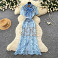 Frenchaccessible luxury heavy industry short sleeve lacedress women's summer lapel cut out waist slimming lookwork clothingelegance long skirt