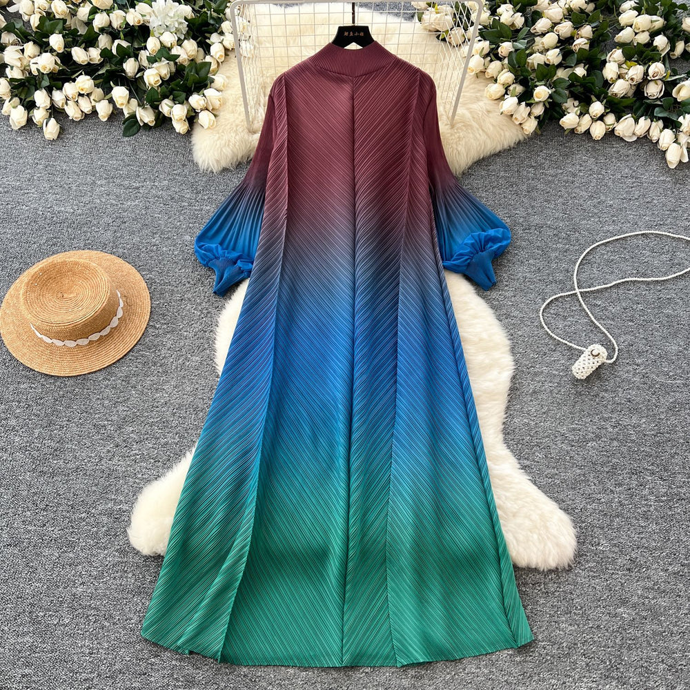 fashion gradient lantern sleeve pleated dress - women's spring/autumn loose a-line maxi dress