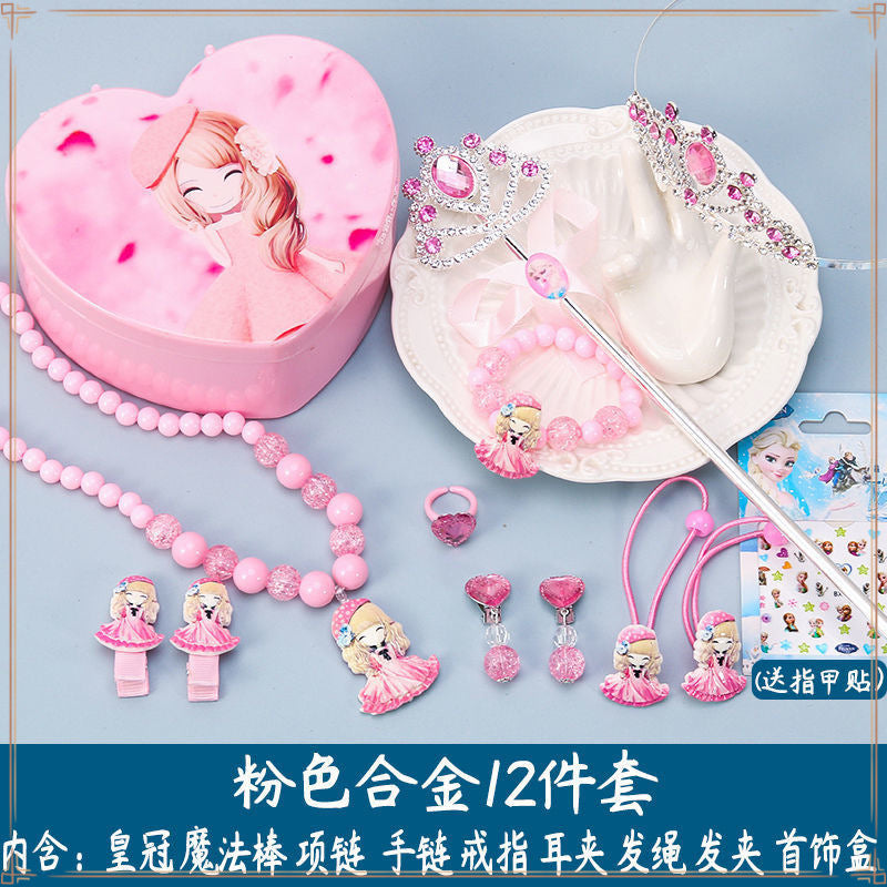 Crown Tiara Children's Little Princess Crown Magic Wand Hair Accessories Set Princess Elsa Necklace Girls Jewelry Box