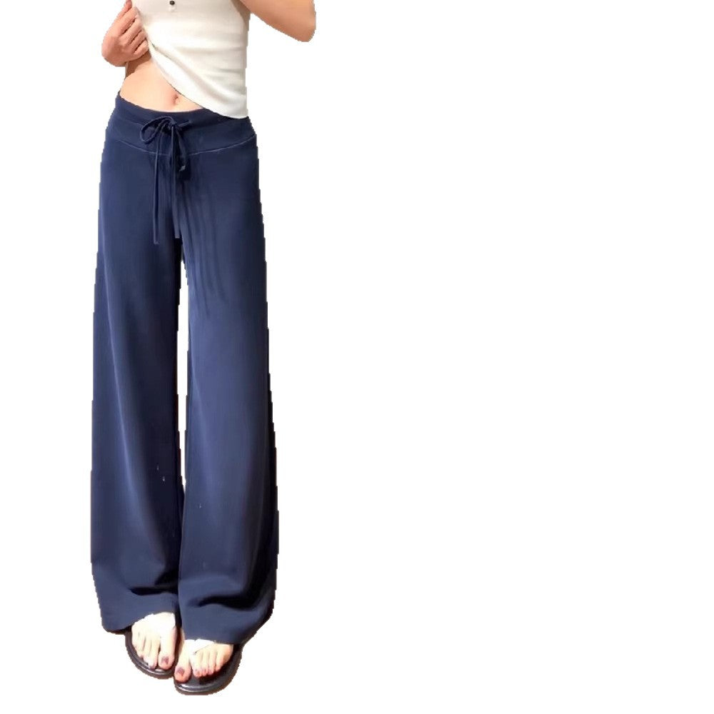 Navy blue wide-leg pants for women - autumn collection, lightweight high-waisted, drapey, slimming, loose fit, straight leg, casual sweatpants/sports pants (suitable for summer)