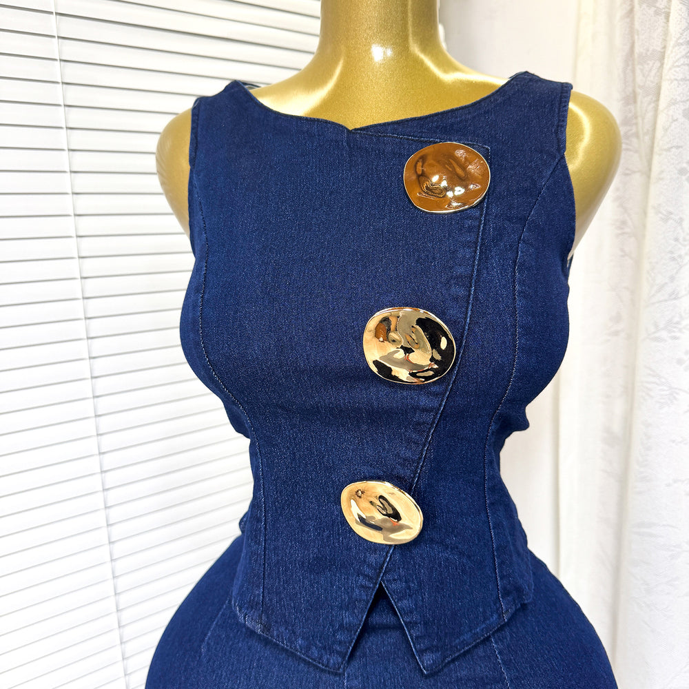 Exportelegantsense of design metal buckle round neck sleeveless vest vest + high waist wide leg pants denim suit for women