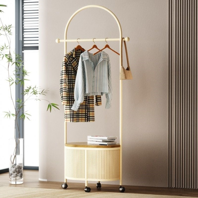 Bedroom floor-standing secondary net clothes hanger, small clothes hanger with dirty clothes basket, movable coat rack, round frame black