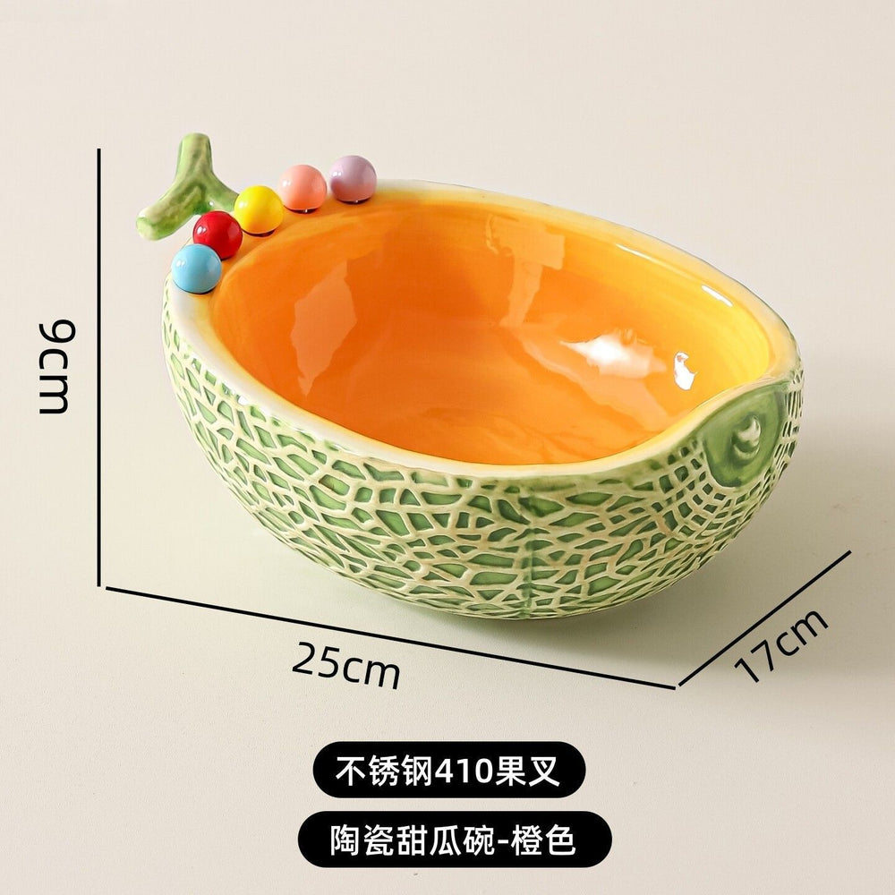 High-style cantaloupe ceramic fruit platter and fork set, perfect for home use. includes fruit picks, dessert forks, and a storage bowl, ideal for the living room coffee table