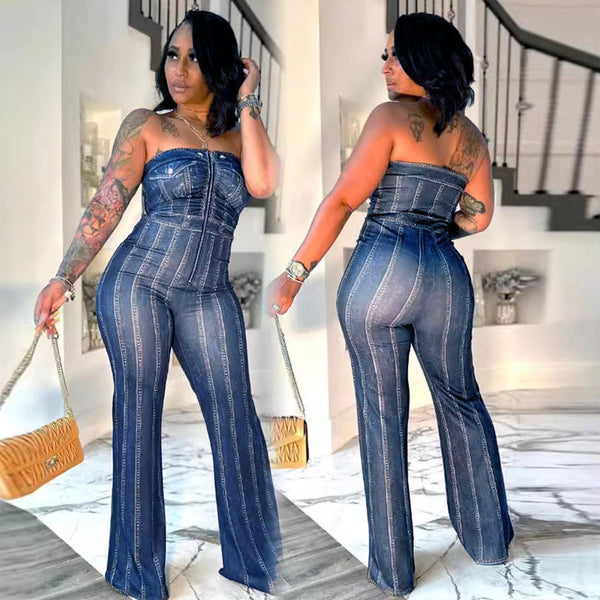 S10898 imitation denim print sleeveless tube top elastic hip-wrapped wide-leg jumpsuit