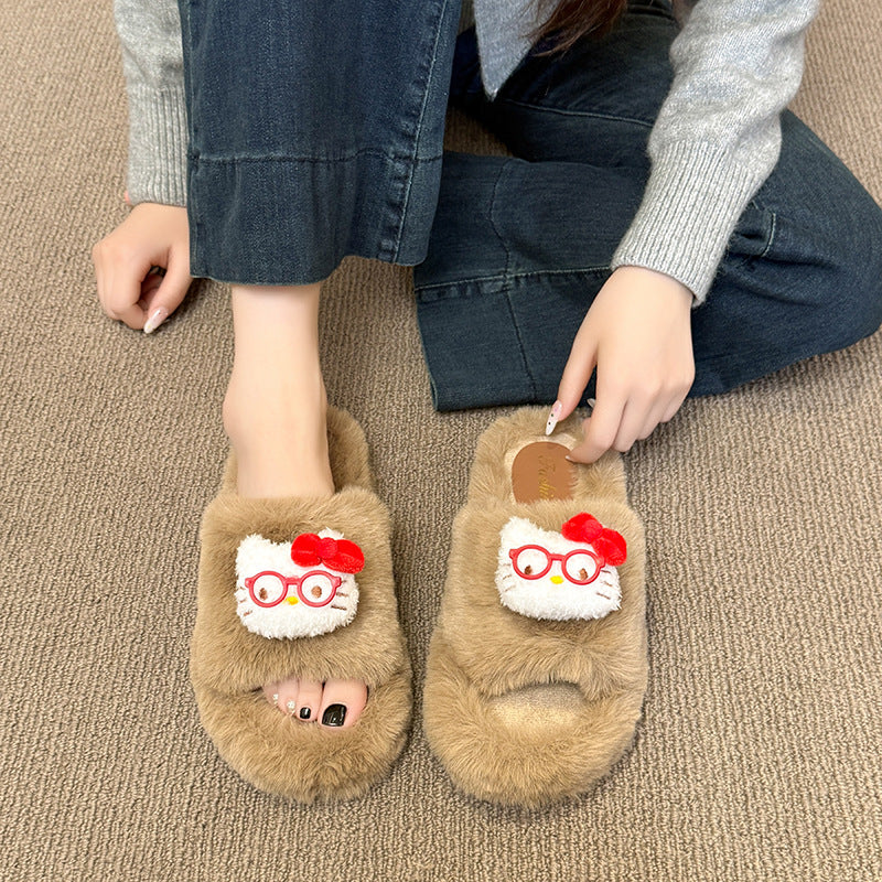 Women's fuzzy slippers - new autumn/winter collection: thick-soled, cute cartoon eyeglass kt cotton slippers, women's flip-flops
