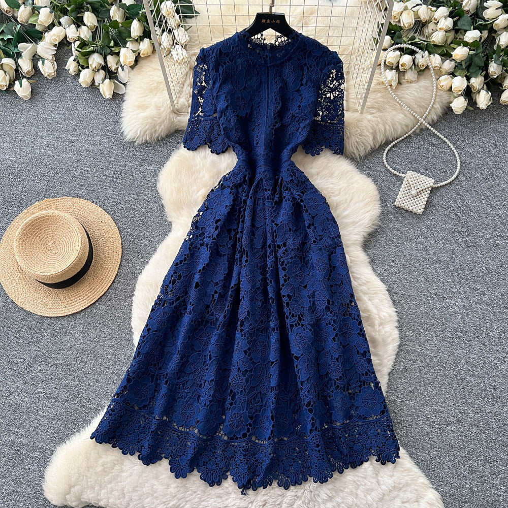 Retroelegance heavy industry cut out crochet water soluble lacedress women's french waist slimming look short sleeve dress long skirt