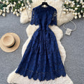 Retroelegance heavy industry cut out crochet water soluble lacedress women's french waist slimming look short sleeve dress long skirt
