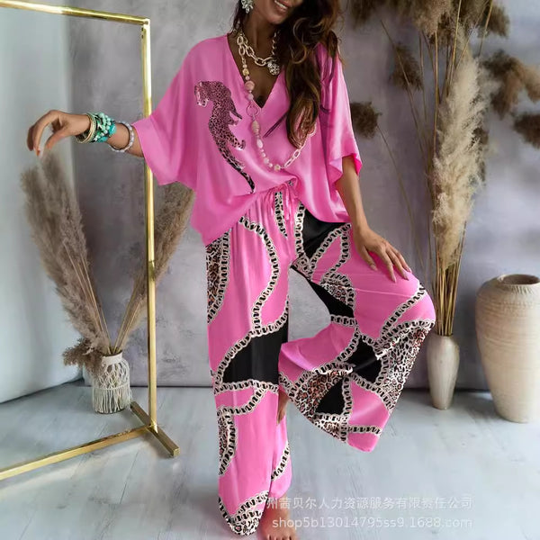 LZR14408A2 new European and American new printed short-sleeved top + pants set