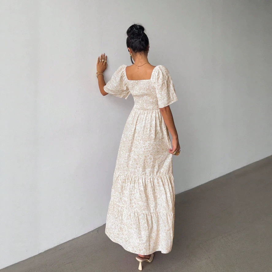 Amazon casual chiffon european and american women's clothing  spring square neck printed comfortable floral dress