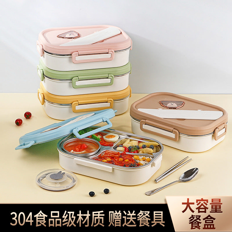 Food grade 304 stainless steel lunch box, large-capacity work portable grid lunch box, student cartoon dinner plate bento box