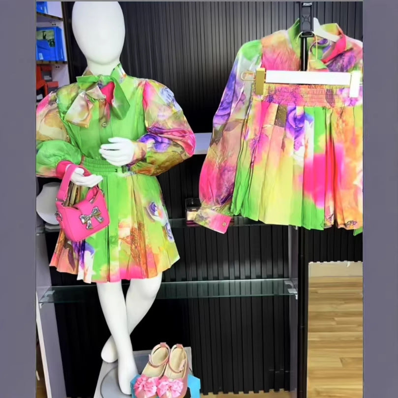 new girls' chiffon printed set: long-sleeve blouse + pleated skirt two-piece outfit