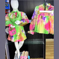 new girls' chiffon printed set: long-sleeve blouse + pleated skirt two-piece outfit