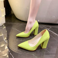Plus size patent leather party pumps 2026 korean style all-season candy color pointed toe low-cut chunky heel women's single shoes