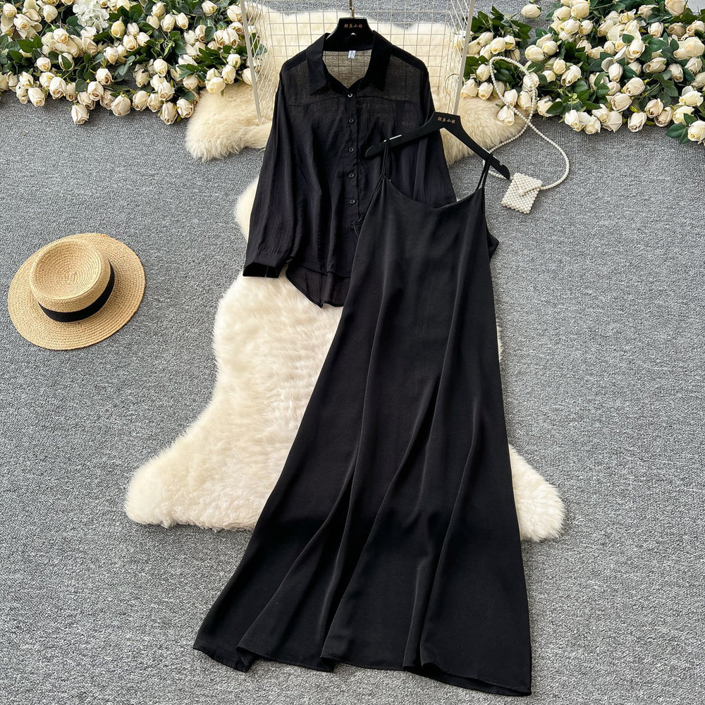 Eleganttwo-piece set women's niche style lazy style outer wear thin looselong sleeves sun protection shirt outwear + suspender dress
