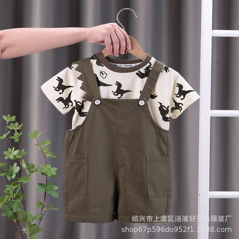 Kids' overalls set - boys' summer short-sleeve outfit: all-over dinosaur print crewneck tee + shorts 2-piece set