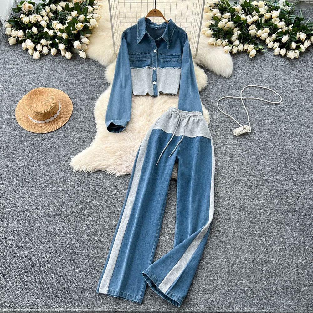 Hong kong style casualsuit women's high waistpatchwork denim wide legstraight-leg pants two-piece setfashion lapel jacketoutwear