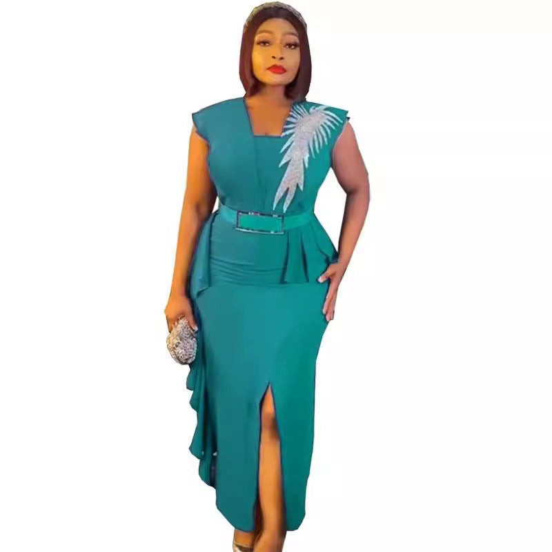 Special offer: african women's slim-fit slit pencil dress with rhinestone and ruffle detail - fashionable sleeveless two-piece look
