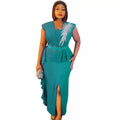 Special offer: african women's slim-fit slit pencil dress with rhinestone and ruffle detail - fashionable sleeveless two-piece look