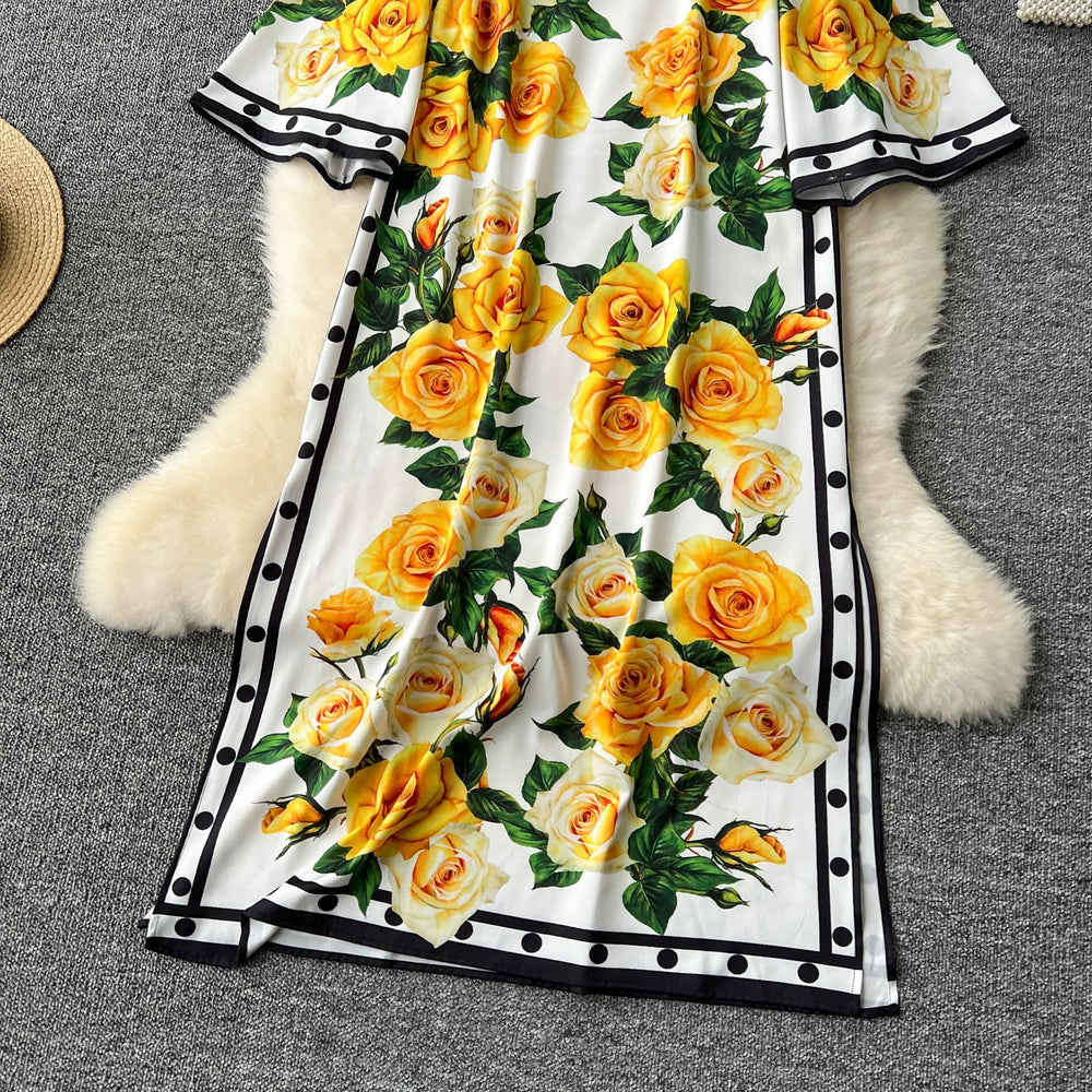 European and american style high-end flared long sleeve dress - women's luxury retro print round neck slit loose elegant maxi dress