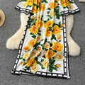 European and american style high-end flared long sleeve dress - women's luxury retro print round neck slit loose elegant maxi dress