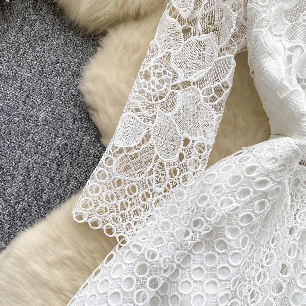 Frenchaccessible luxury heavy industry cut out crochet lace waist long sleevesdress women's slimming lookelegantelegance dress long skirt
