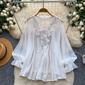 French chic lace trim v-neck tie blouse - women's long sleeve, youthful & flattering, autumn , relaxed fit