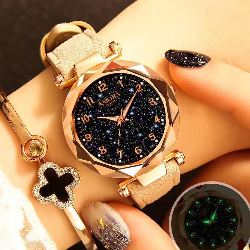 New wholesale women's watches, fashionable and trendy digital face ladies' student starry sky dial quartz wristwatch with leather strap