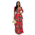 European and american cross-border women's fashion  summer new collection: bandeau u-neck top with printed cinched waist tiered skirt two-piece set