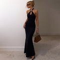 European and american cross-border women's fashion:  summer new arrival - stylish metal buckle halter neck tie-up bodycon backless dress