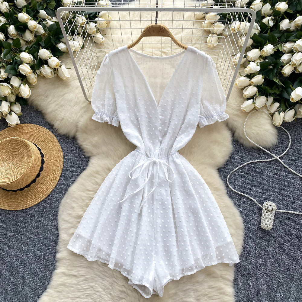 Women's jumpsuit beach vacation shorts summer new v-neck puff sleeve tie-waist versatile wide-leg shorts
