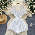 Women's jumpsuit beach vacation shorts summer new v-neck puff sleeve tie-waist versatile wide-leg shorts
