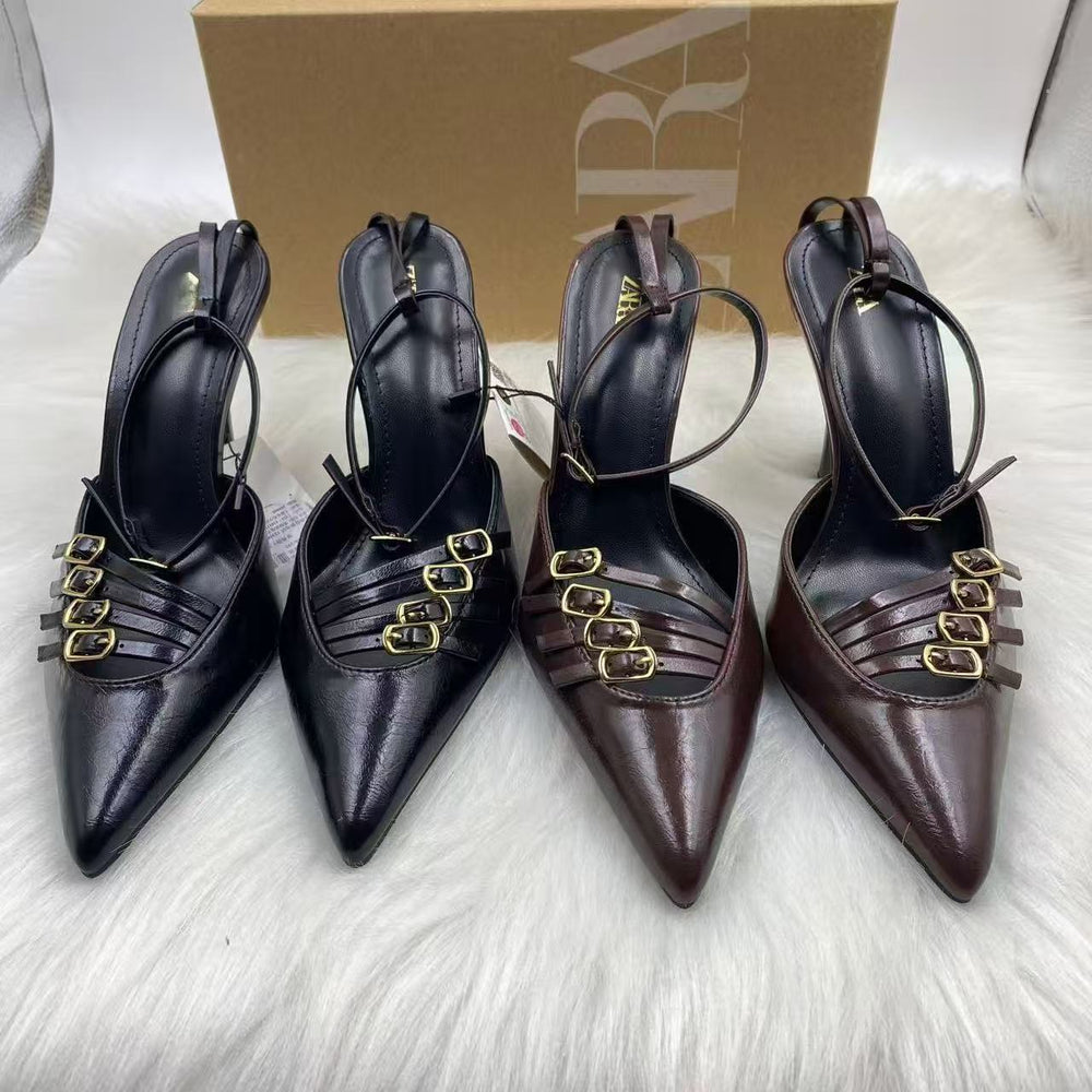 Za2025 blue fairy high heels niche 2025 baotou sandals shoes pointed toe flats autum season french new
