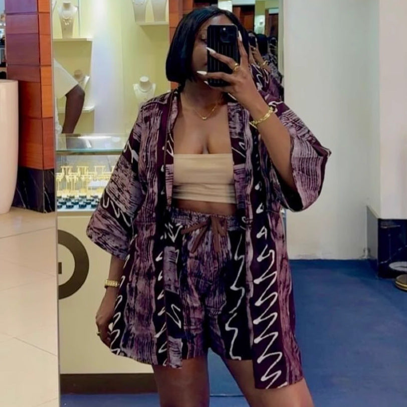 European and American large-size women's casual suit printed cardigan shirt African versatile shorts fashion foreign style two-piece set women