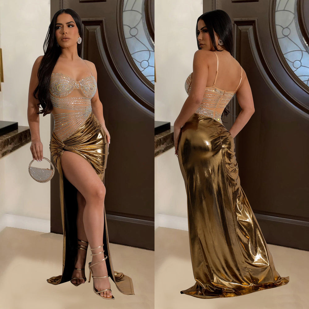 C6935 cross-border   independent station fashion fashion women's high slit hot diamond see-through dress