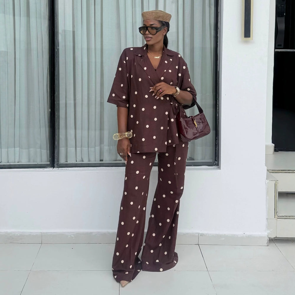 European and american cross-border women's fashion:  summer new collection - trendy polka dot short sleeve tie-neck blouse and wide-leg pants set