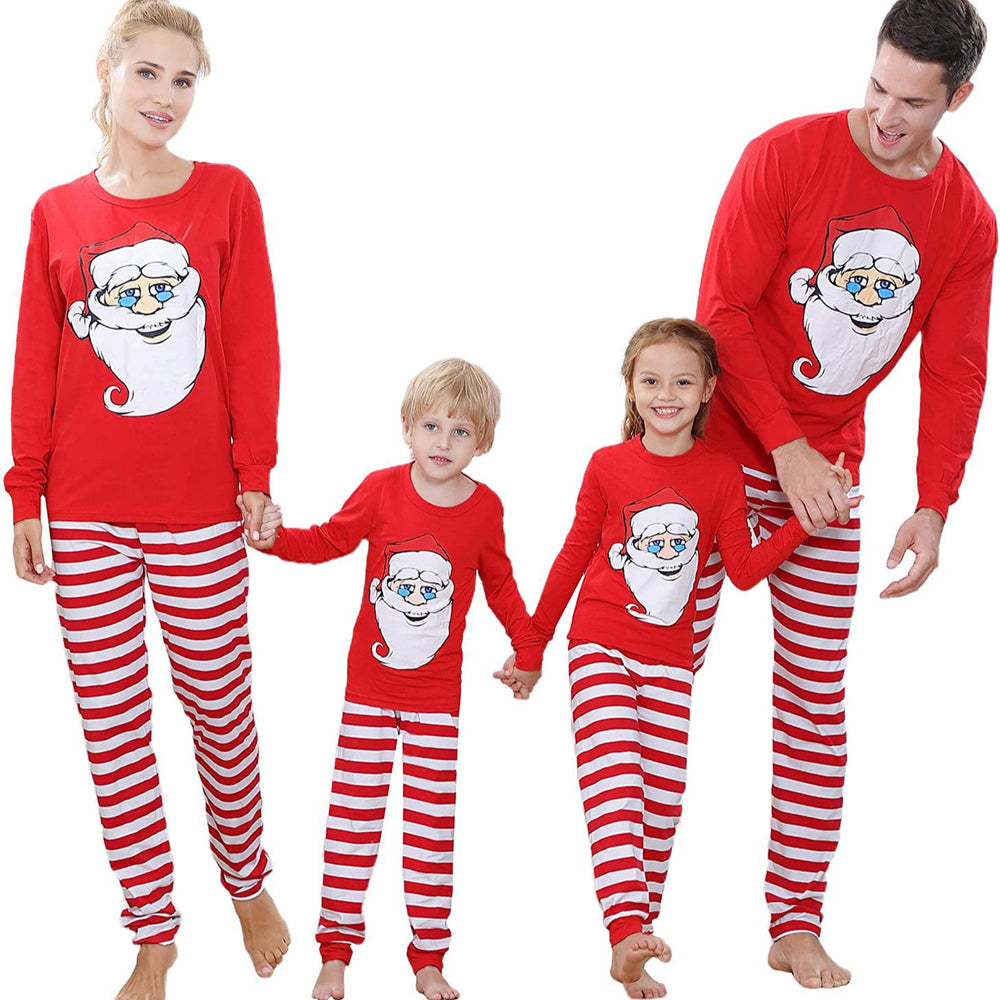 Ready-to-ship  cotton christmas pajamas - european & american style reindeer solid color print long sleeve family matching set