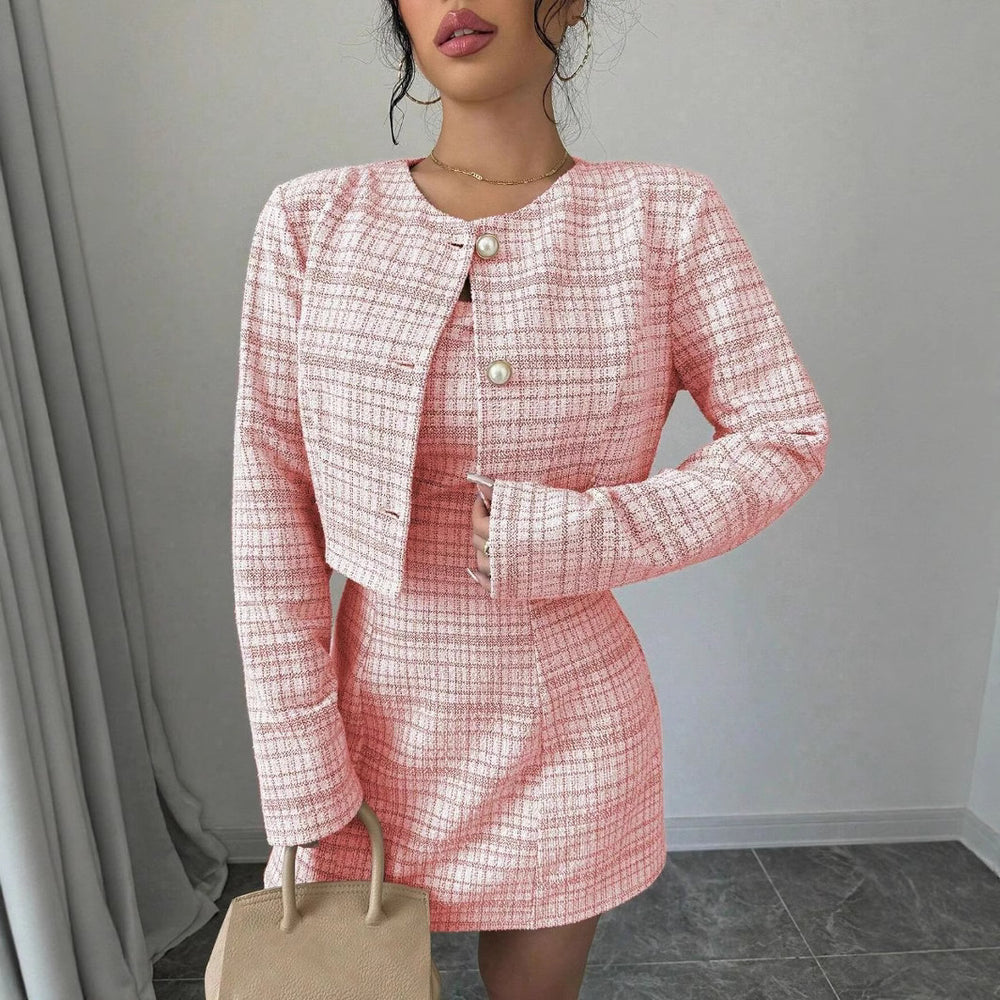 Fall and winternew arrivaleuropean and american clothing single-breasted shortoutwear+frenchretro tweed styledresstwo-piece set for women