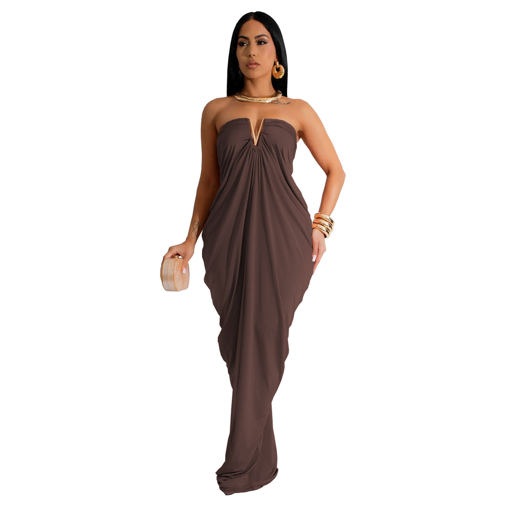 C7135 cross-border   fashion women's solid color sexy slim-fit v-neck dress - new arrival