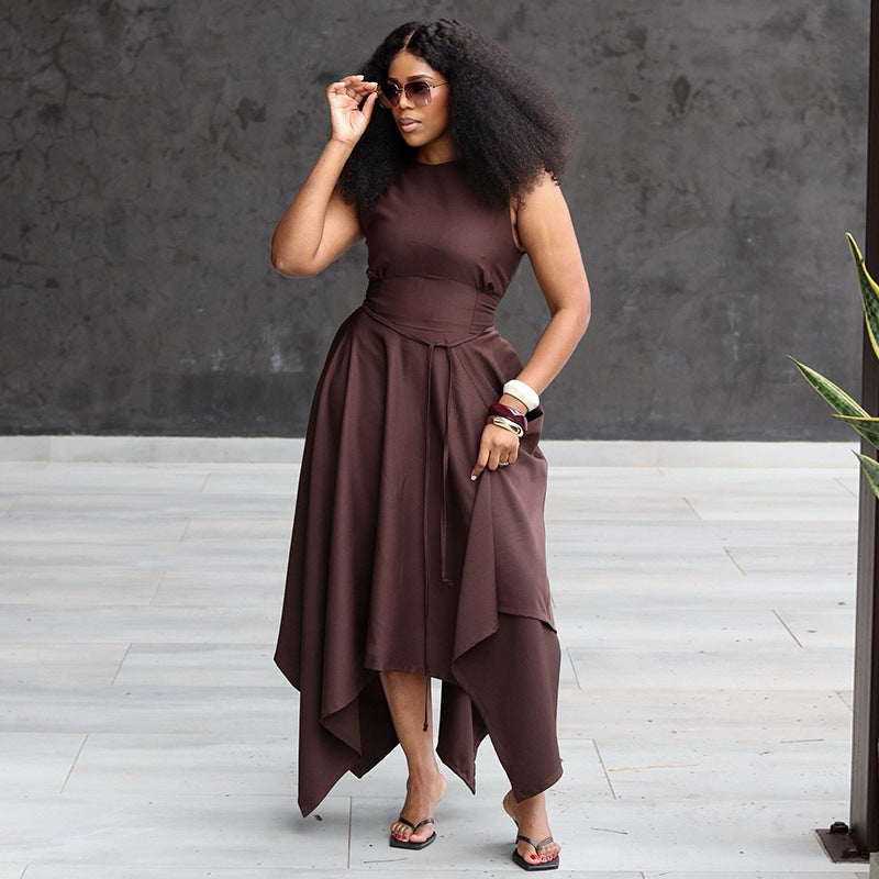 European and american women's clothing  autumn new collection: sweet and fresh round neck sleeveless high-waisted slimming a-line skirt with asymmetrical hem