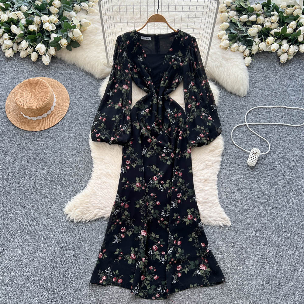 French chic v-neck patchwork lantern sleeve printed dress - slim fit, elegant, long mermaid skirt
