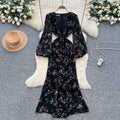 French chic v-neck patchwork lantern sleeve printed dress - slim fit, elegant, long mermaid skirt